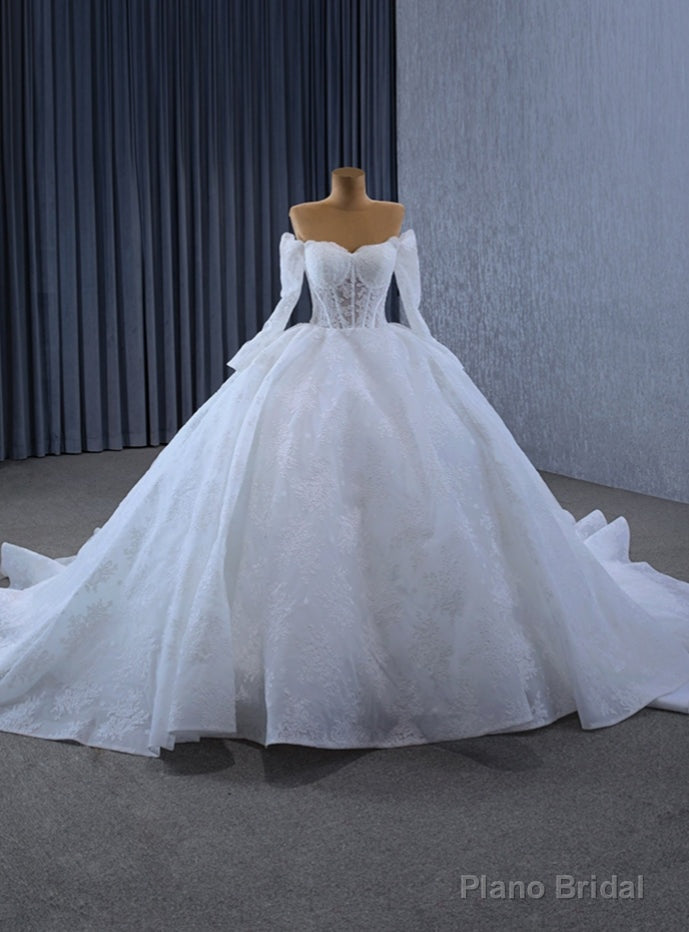 White Tulle Lace Long Sleeve Off the Shoulder Wedding Dress