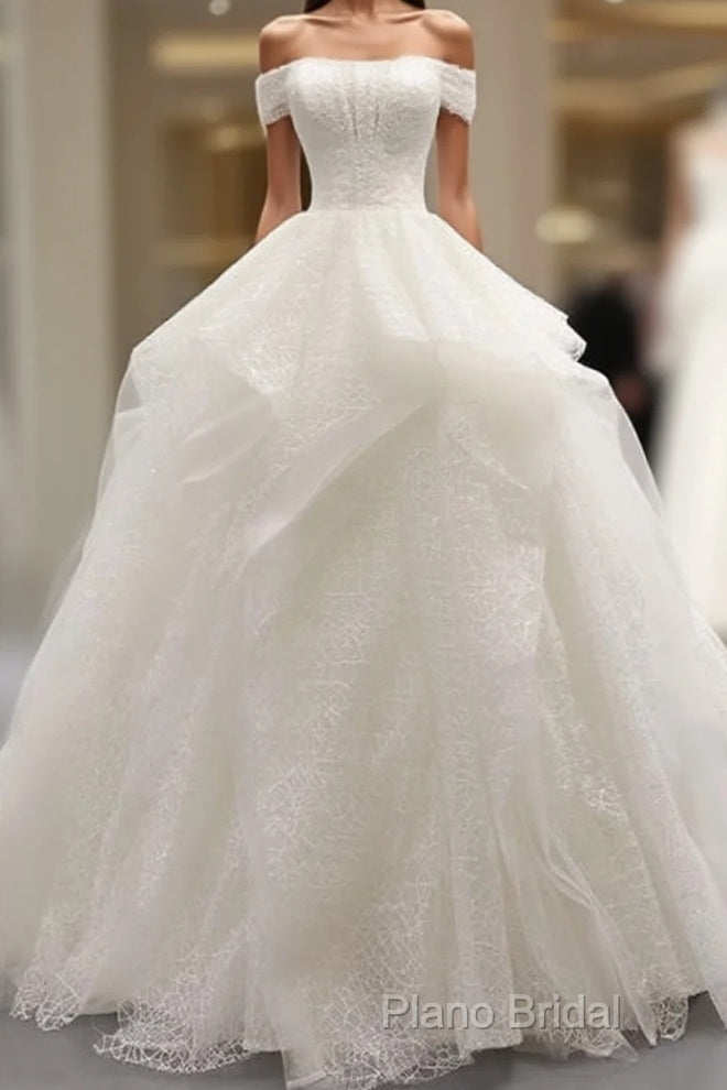 White Tulle Lace Off Shoulder Long Formal Prom Dresses White Lace Wedding Dresses