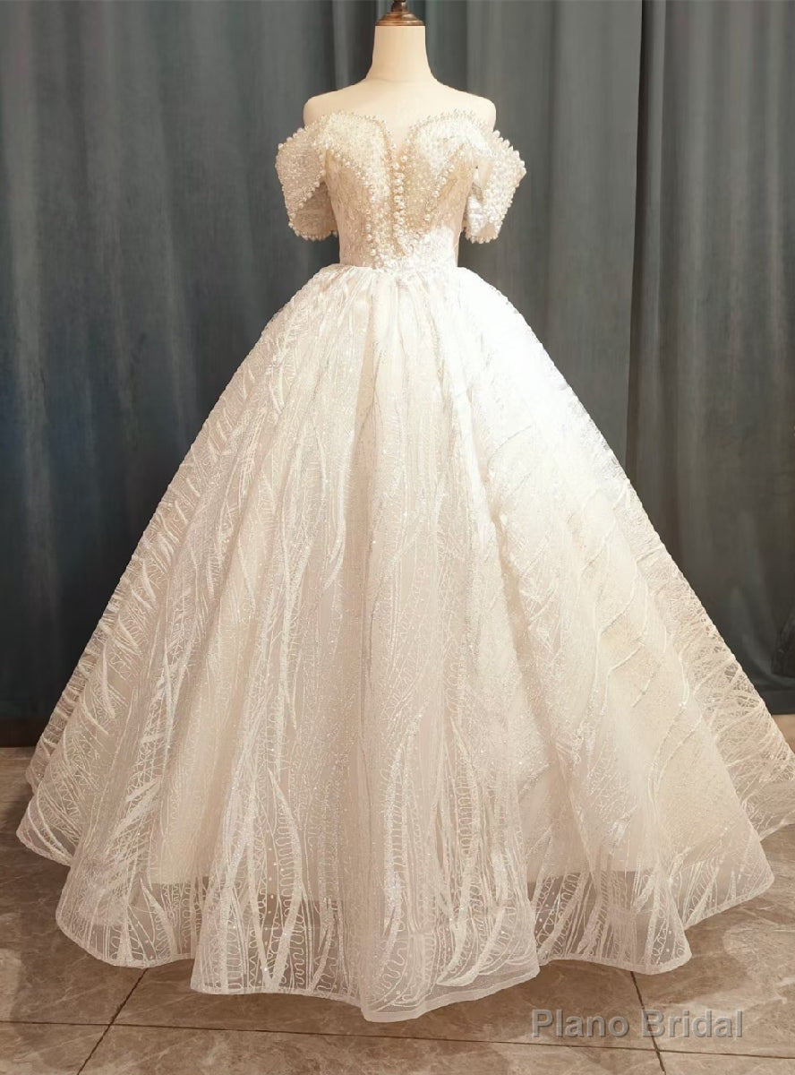 White Tulle Lace Off the Shoulder Pearls Wedding Dress Main image