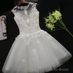 White Tulle Lace Round Neckline Knee Length Graduation Dresses, White Short Prom Dresses Party Dresses