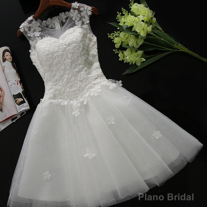 White Tulle Lace Round Neckline Knee Length Graduation Dresses, White Short Prom Dresses Party Dresses Main image