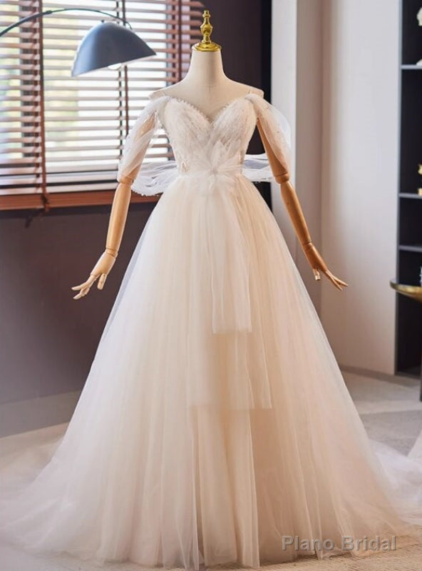 White Tulle Lace Spaghetti Straps Wedding Dress Main image
