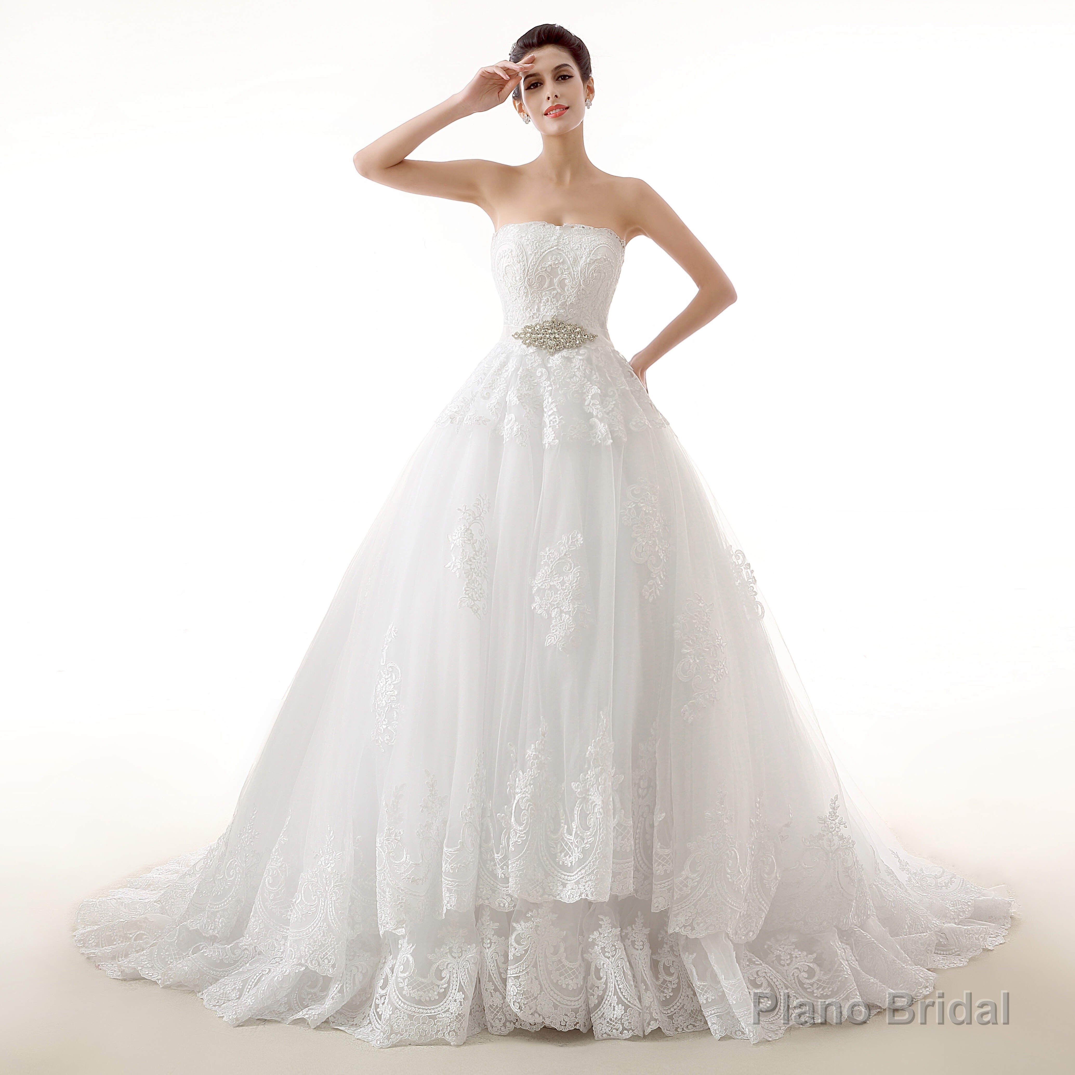 White Tulle Lace Strapless With Sash Wedding Dresses Main image