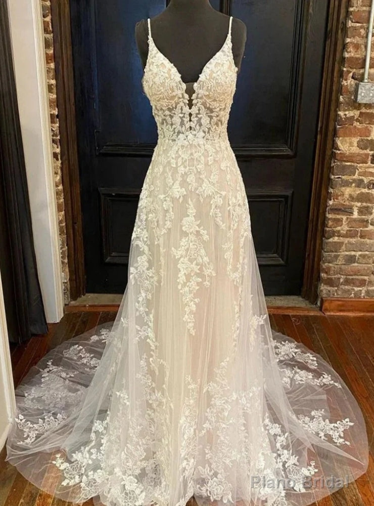 White Tulle Lace V-neck Backless Wedding Dress Main image