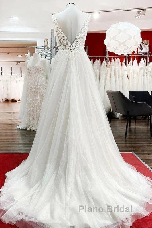 White Tulle Lace Wedding Dresses A-Line V Neck Bridal Dresses With Sweep Train Sleeveless Floor Length Secondary image
