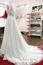 White Tulle Lace Wedding Dresses A-Line V Neck Bridal Dresses With Sweep Train Sleeveless Floor Length