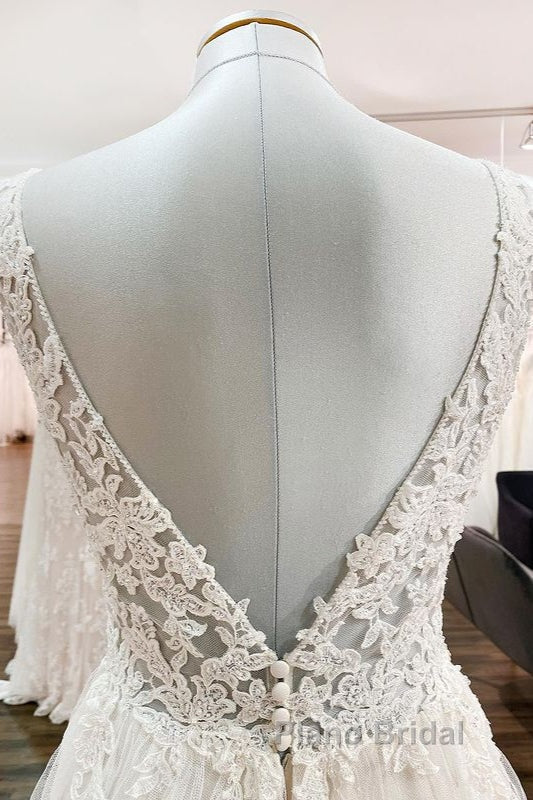 White Tulle Lace Wedding Dresses A-Line V Neck Bridal Dresses With Sweep Train Sleeveless Floor Length