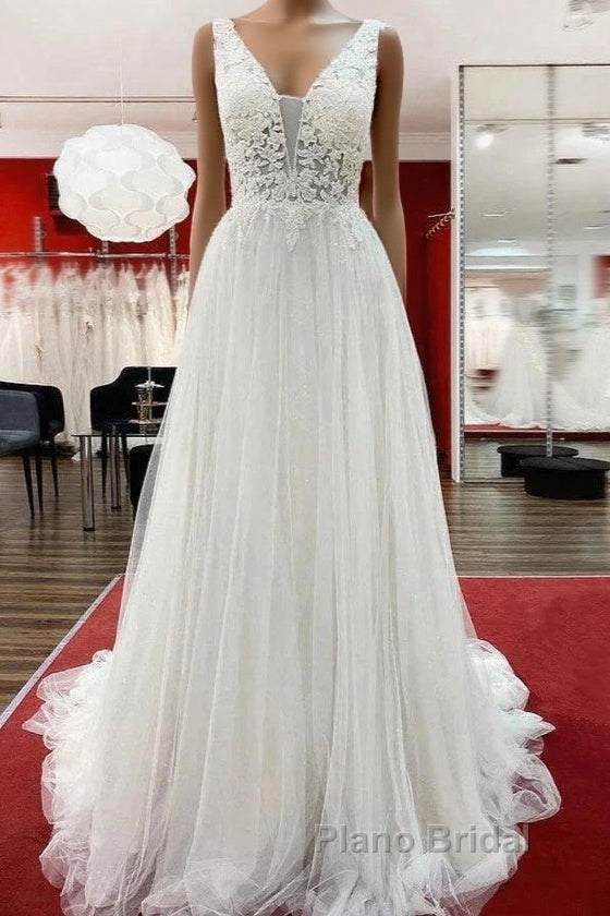 White Tulle Lace Wedding Dresses A-Line V Neck Bridal Dresses With Sweep Train Sleeveless Floor Length Main image