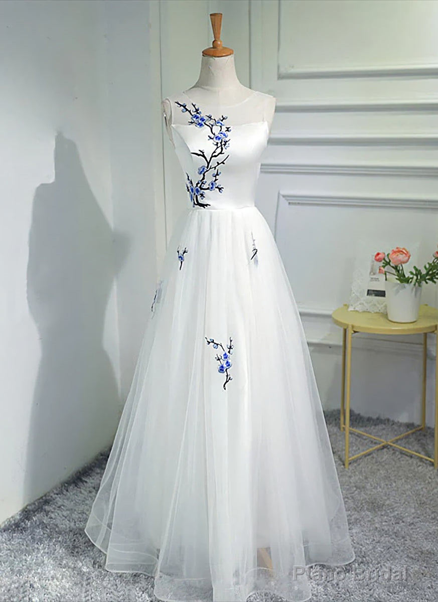 White Tulle Long A-line Prom Dress, White Graduation Dress Secondary image