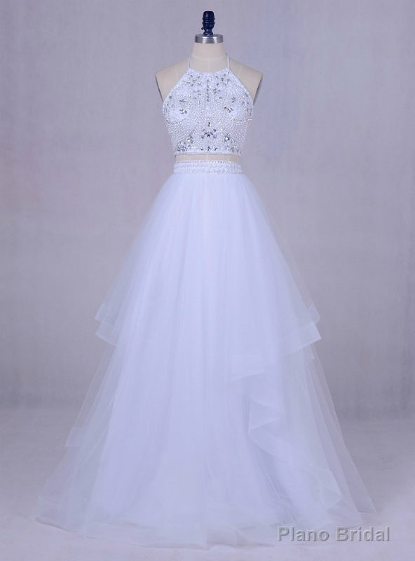 White Tulle Long Graduation Beading Halter Backless 2 Piece Prom Dress