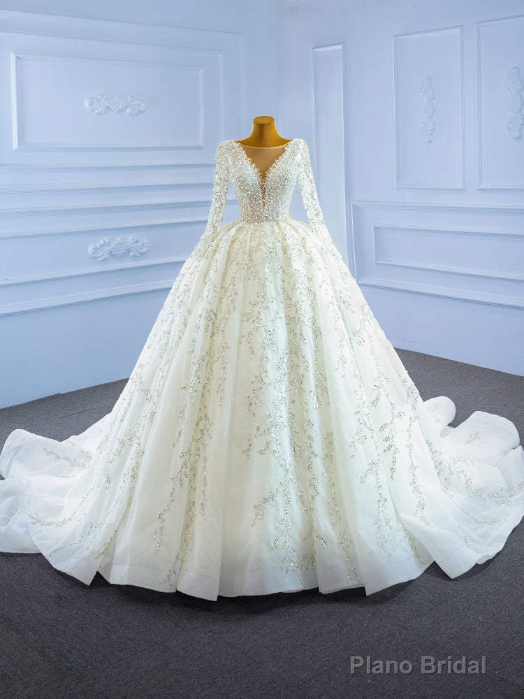 White Tulle Long Sleeve Beading Sequins Wedding Dress