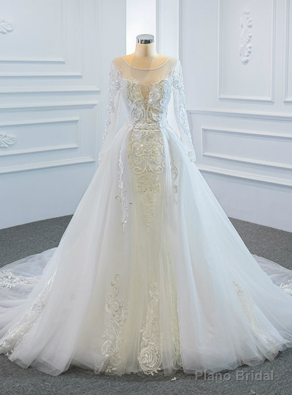 White Tulle Long Sleeve Beading Wedding Dress With Removable Train Main image