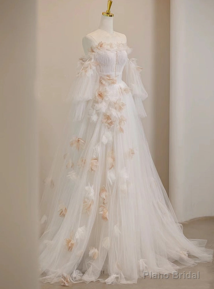 White Tulle Long Sleeve Pleats Off the Shoulder Prom Dress Main image