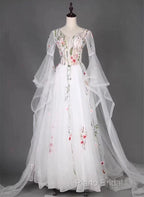 White Tulle Long Sleeves A-Line Wedding Party Dresses, White Tulle Formal Prom Dresses