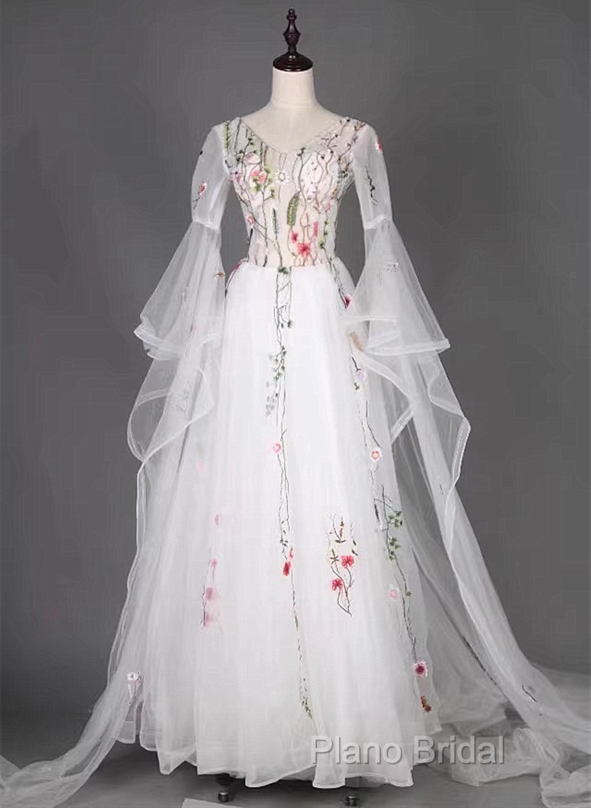 White Tulle Long Sleeves A-Line Wedding Party Dresses, White Tulle Formal Prom Dresses Secondary image