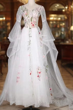 White Tulle Long Sleeves A-Line Wedding Party Dresses, White Tulle Formal Prom Dresses