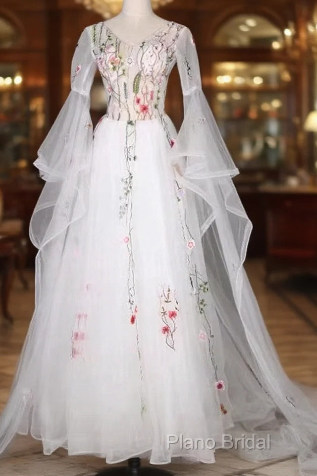 White Tulle Long Sleeves A-Line Wedding Party Dresses, White Tulle Formal Prom Dresses Main image
