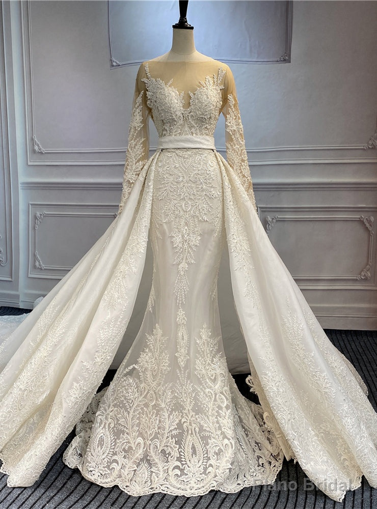 White Tulle Mermaid Long Sleeve Appliques Wedding Dress Main image