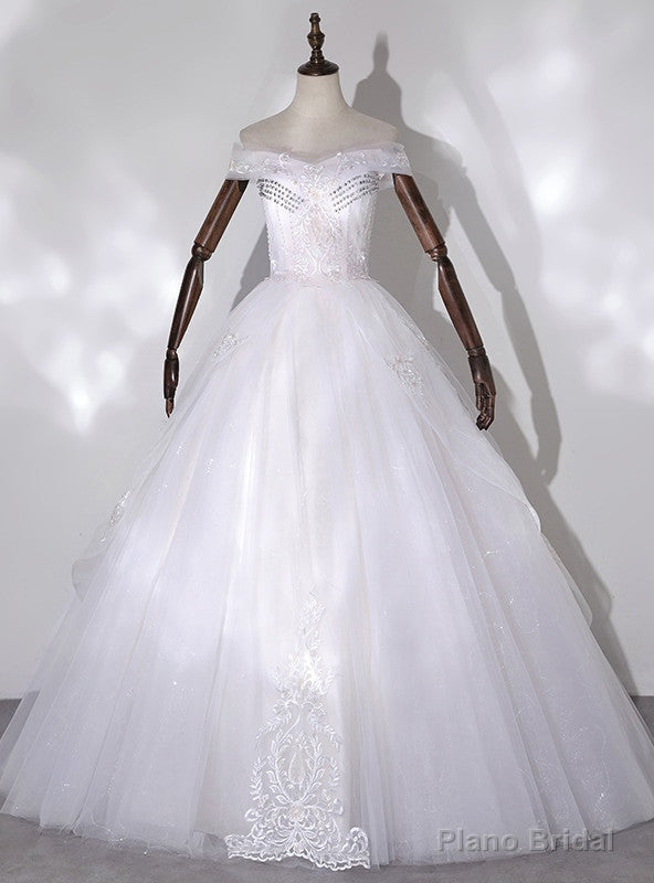 White Tulle Off the Shoulder Appliques Beading Quinceanera Dress Main image