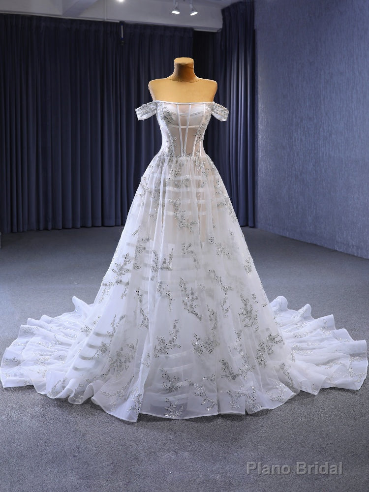 White Tulle Off the Shoulder Beading Sequins Wedding Dress