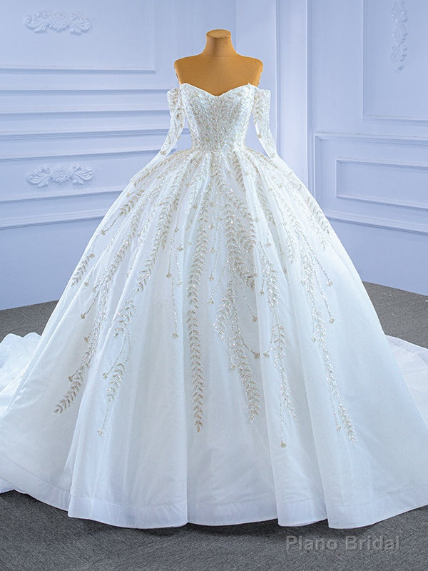 White Tulle Off the Shoulder Long Sleeve Beading Sequins Wedding Dress Main image