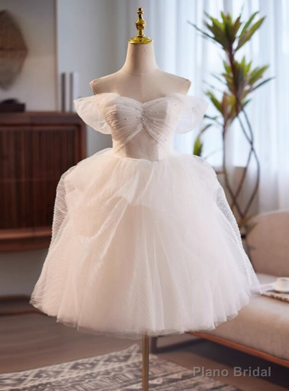 White Tulle Off the Shoulder Pearls Pleats Wedding Dress Main image