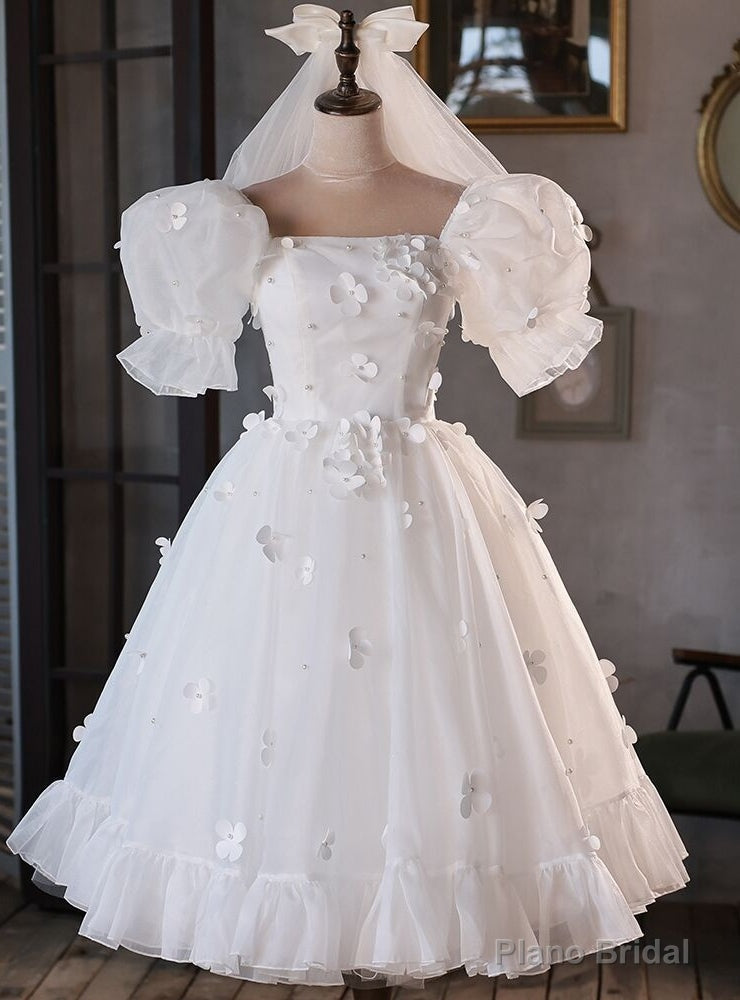White Tulle Puff Sleeve Flower Wedding Dress Main image