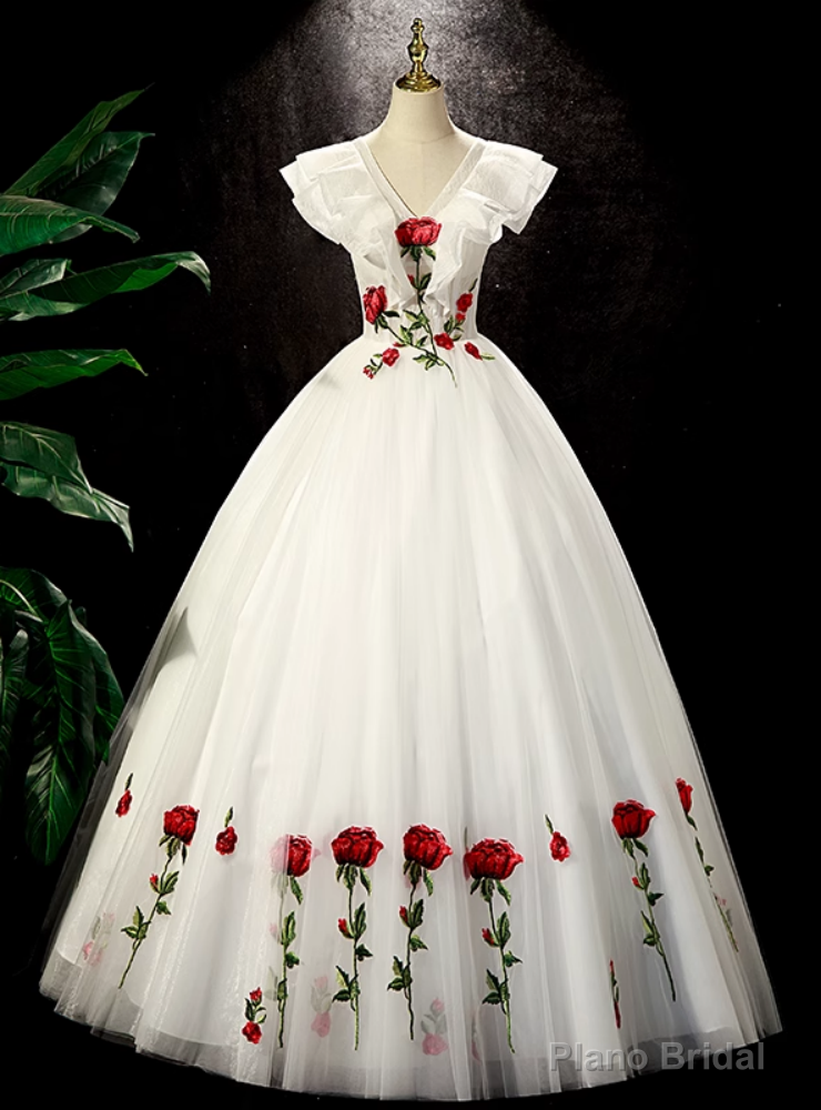 White Tulle Rose Flower Quinceanera Dress Main image