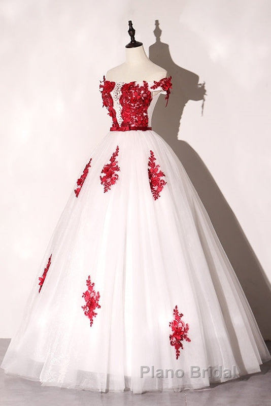 White Tulle Scoop Long Formal Dresses With Red Lace, Lovely Red Formal Dresses Formal Prom Dresses Secondary image
