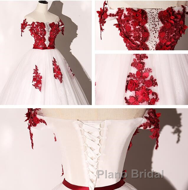 White Tulle Scoop Long Formal Dresses With Red Lace, Lovely Red Formal Dresses Formal Prom Dresses