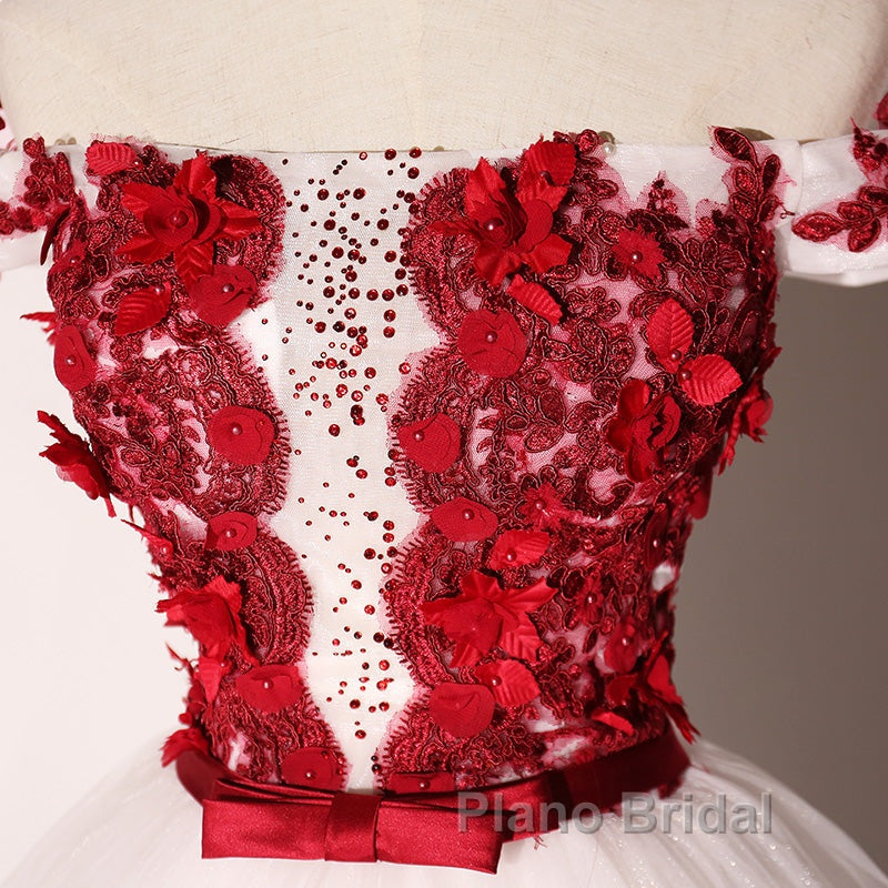 White Tulle Scoop Long Formal Dresses With Red Lace, Lovely Red Formal Dresses Formal Prom Dresses