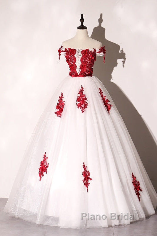 White Tulle Scoop Long Formal Dresses With Red Lace, Lovely Red Formal Dresses Formal Prom Dresses