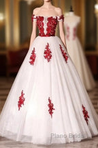 White Tulle Scoop Long Formal Dresses With Red Lace, Lovely Red Formal Dresses Formal Prom Dresses