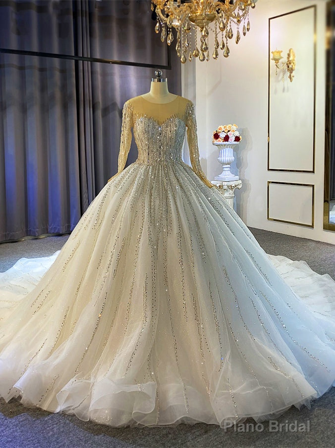 White Tulle Sequins Beading Long Sleeve Wedding Dress Main image
