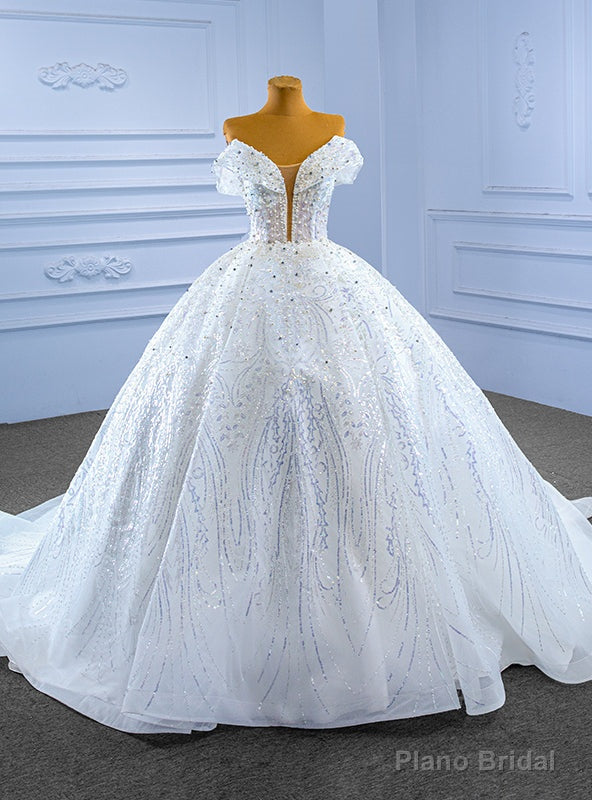 White Tulle Sequins Beading Pearls Wedding Dress Main image