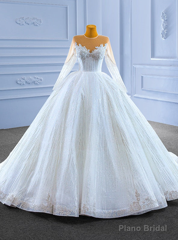 White Tulle Sequins Long Sleeve Beading Illusion Neck Wedding Dress Main image