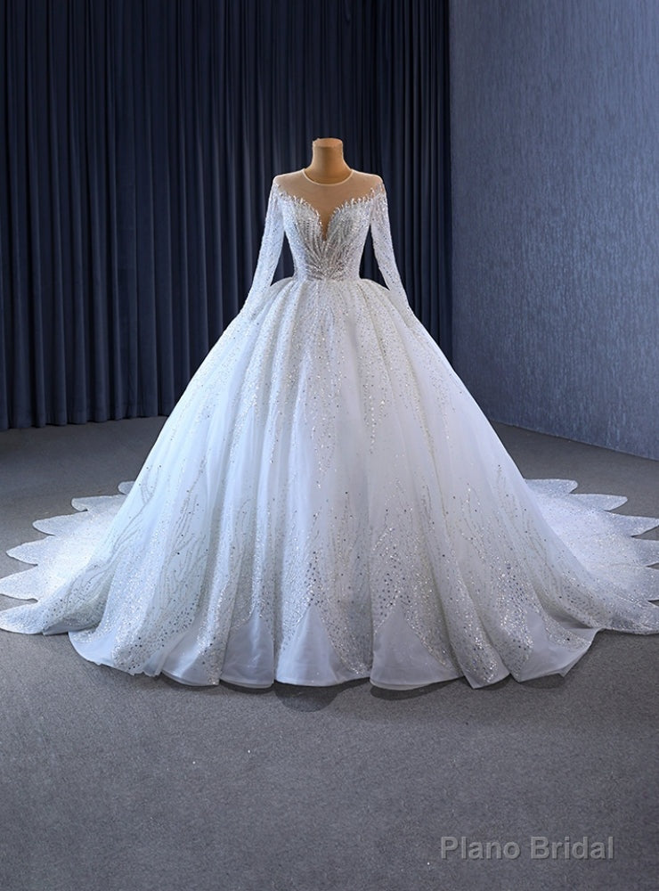 White Tulle Sequins Long Sleeve Beading Wedding Dress With Long Train Main image