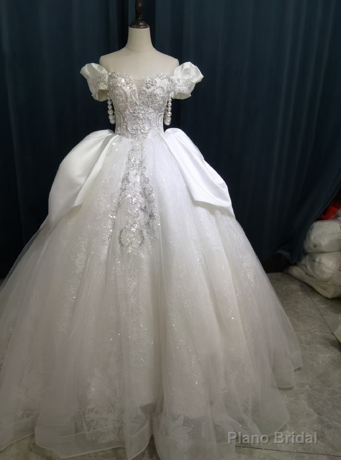 White Tulle Sequins Off the Shoulder Wedding Dress Main image