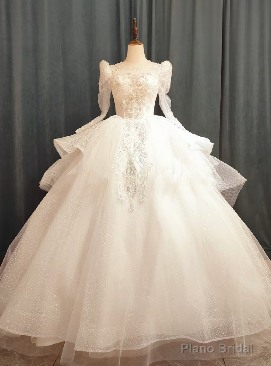 White Tulle Sequins Pearls Backless Long Sleeve Wedding Dress Main image