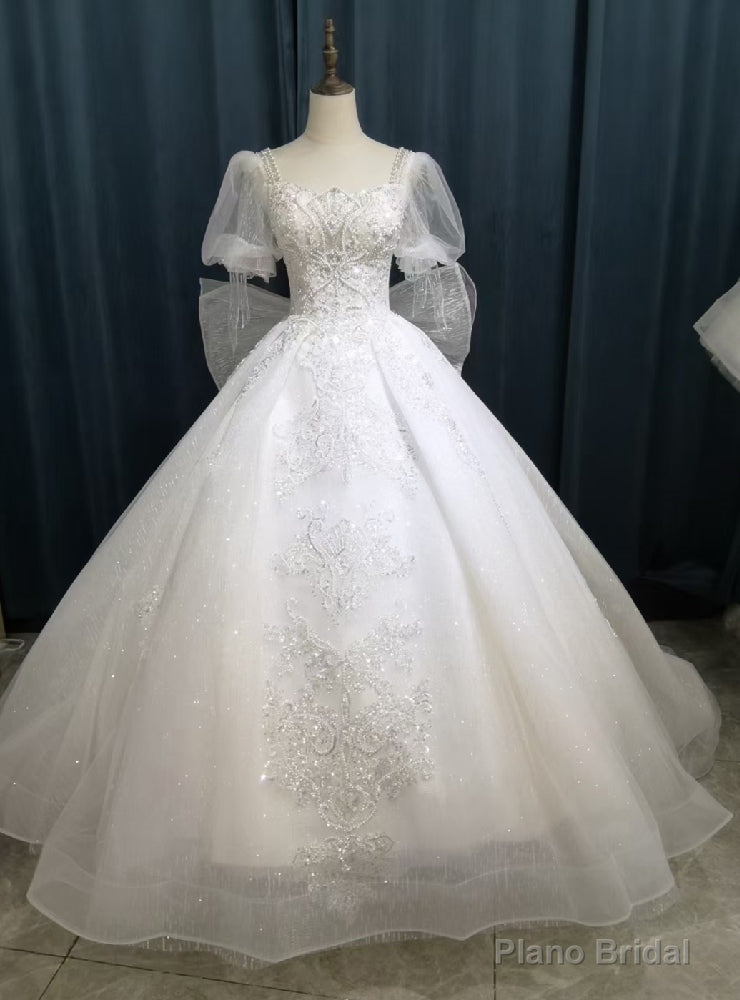White Tulle Sequins Puff Sleeve Wedding Dress With Bow Main image