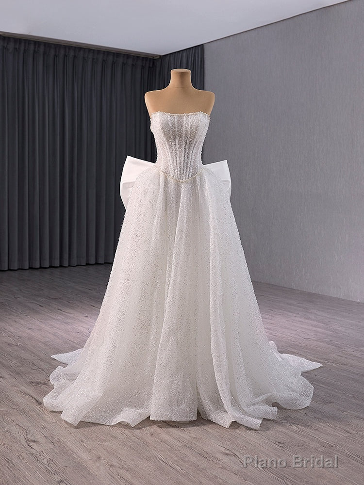 White Tulle Sequins Strapless Bow Wedding Dress Main image
