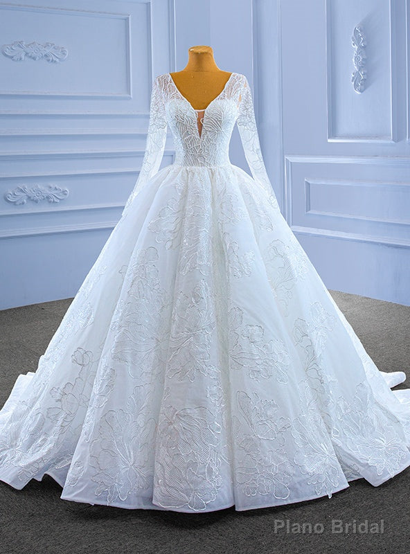 White Tulle Sequins V-neck Long Sleeve Beading Wedding Dress Main image