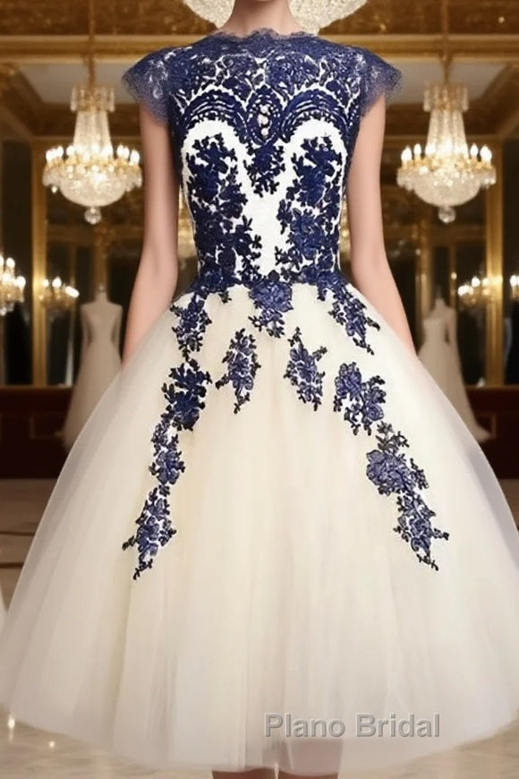 White Tulle Short Navy Blue Lace  Formal Prom Dresses, Short Blue Lace Homecoming Dresses Main image