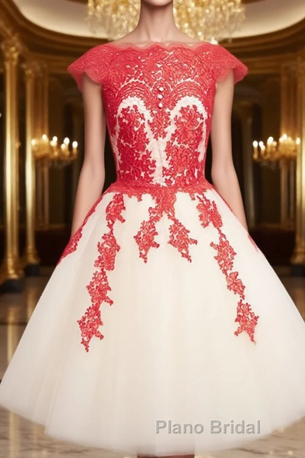 White Tulle Short Red Lace Formal Prom Dresses, Short Red Lace Homecoming Dresses
