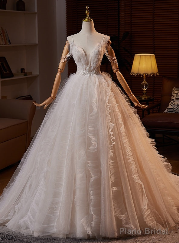White Tulle Spaghetti Straps Beading Wedding Dress Main image