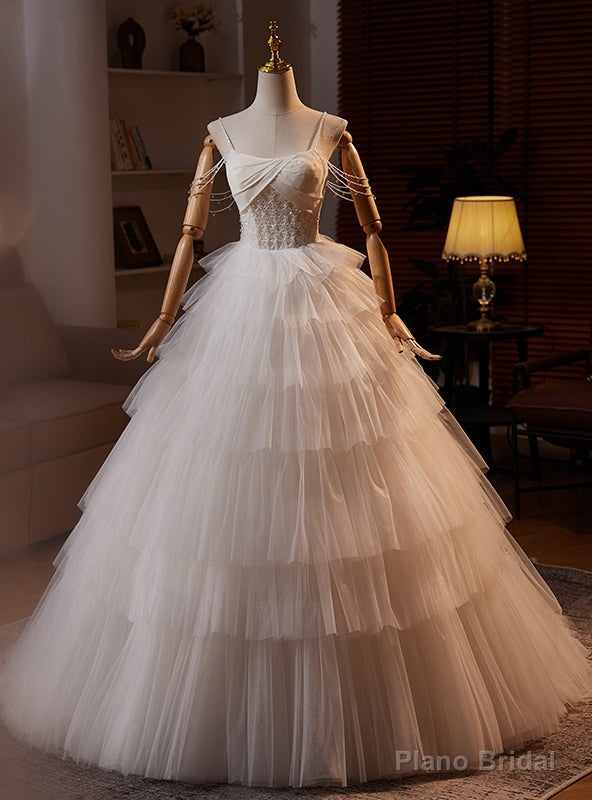 White Tulle Spaghetti Straps Tiers Wedding Dress