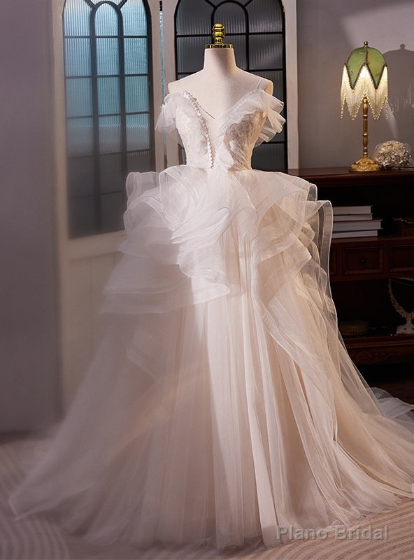 White Tulle Spaghetti Straps Wedding Dress Main image