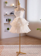 White Tulle Straps Short Graduation Dress, White Tulle Sweetheart Prom Dress