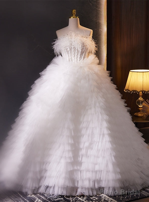 White Tulle Tiers Strapless Pearls Wedding Dress Main image