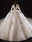 White Tulle V-neck Long Sleeve Beading Wedding Dress